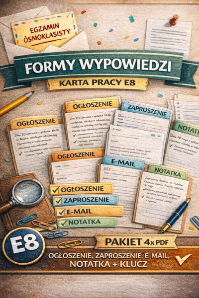 Formy wypowiedzi – karta pracy E8 | ogłoszenie, zaproszenie, e-mail, notatka + klucz