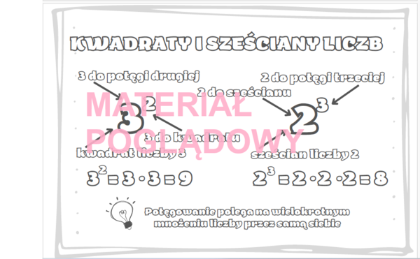 Kwadraty i sześciany liczb - notatka i karta pracy kl. 4, 5, 6