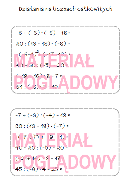 Szybkie karteczki – dodawanie, odejmowanie, mnożenie, dzielenie liczb całkowitych, działania na liczbach wymiernych (karta pracy, kartkówka kl 4, 5, 6, 7, 8)
