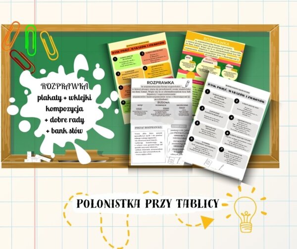 Rozprawka wklejka + plakat – kompozycja, elementy twórcze, bank słówek, dobre rady WERSJA KOLOROWA I CZARNO-BIAŁA