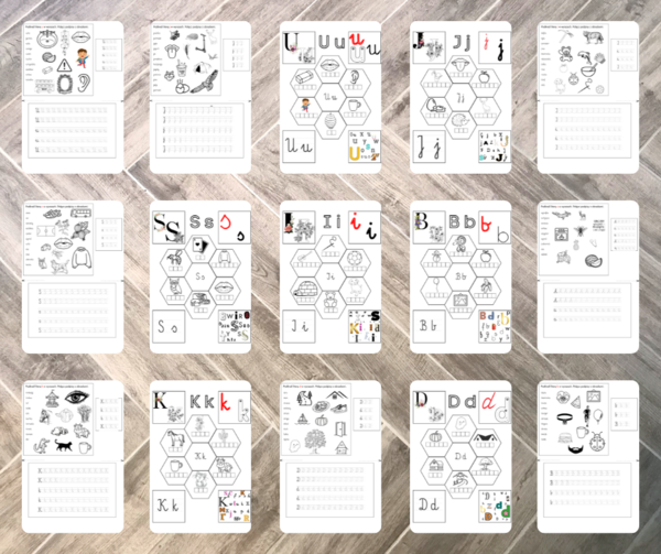 Alfabet - ćwiczenia grafomotoryczne, wklejki A, B, D, I, J, K, S, U