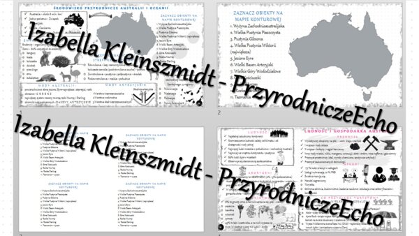Zestaw sketchnotek – notatek do całego działu „Australia i Oceania” wykonanych w power point do edycji. Geografia 8