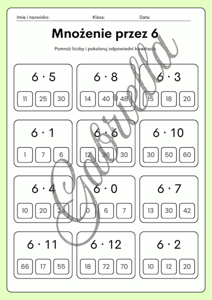 Karta pracy - mnożenie przez 6,7,8 oraz 9.