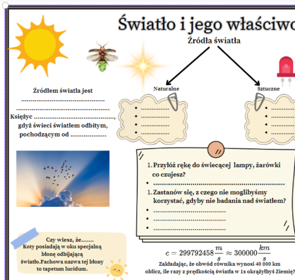 Fizyka kl.8 (SP) Temat: Światło i jego właściwości (2 karty , jedna wykropkowana, druga uzupełniona)