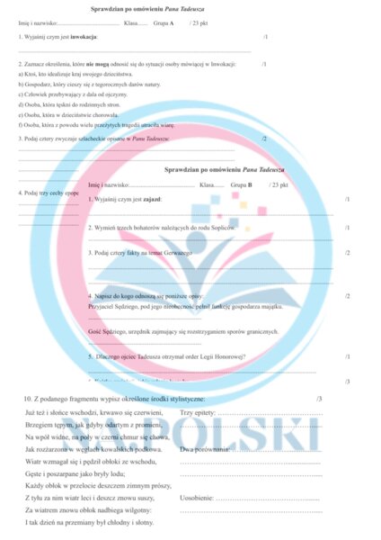 Sprawdzian po omówieniu Pana Tadeusza