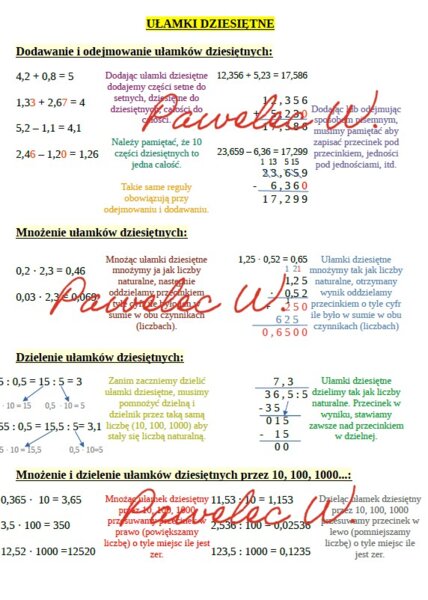 Ułamki dziesiętne - dodawanie, odejmowanie, mnożenie i dzielenie - plakat z wyjaśnieniem
