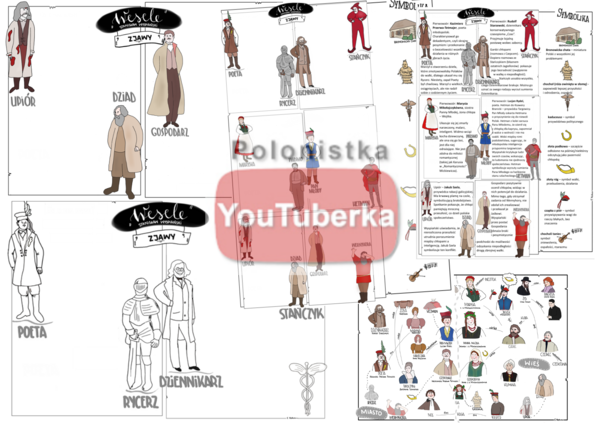 "Wesele" Wyspiańskiego - 5 kart (puste i uzupełnione)