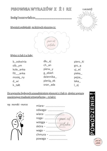 Kartkówka ortograficzna- pisownia rz i ż, klasa 4