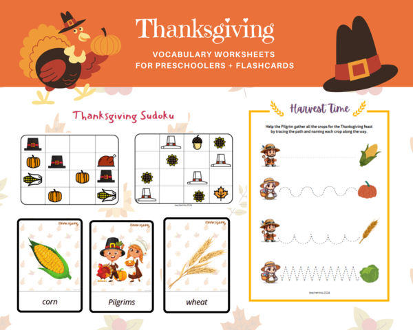 Thanksgiving - zestaw karty pracy plus karty obrazkowe z okazji dnia dziękczynienia dla przedszkolaka, język angielki