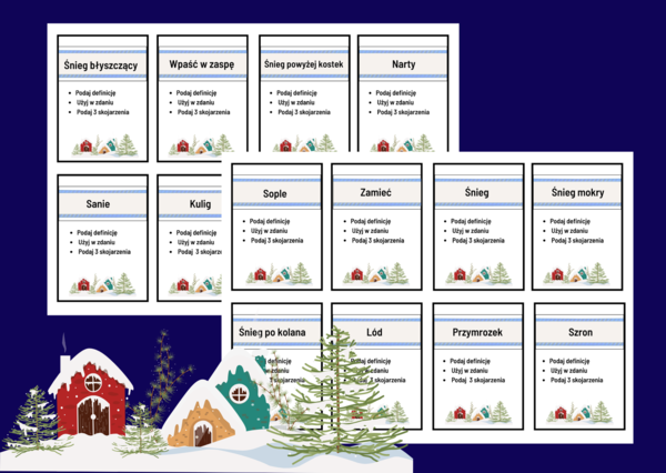 ❄️💙 Kraina Wiecznego Śniegu – zima - edukacyjna gra słowna dla klas 5–8 - język polski - biblioteka - zajęcia z wychowawcą - 56 fiszek