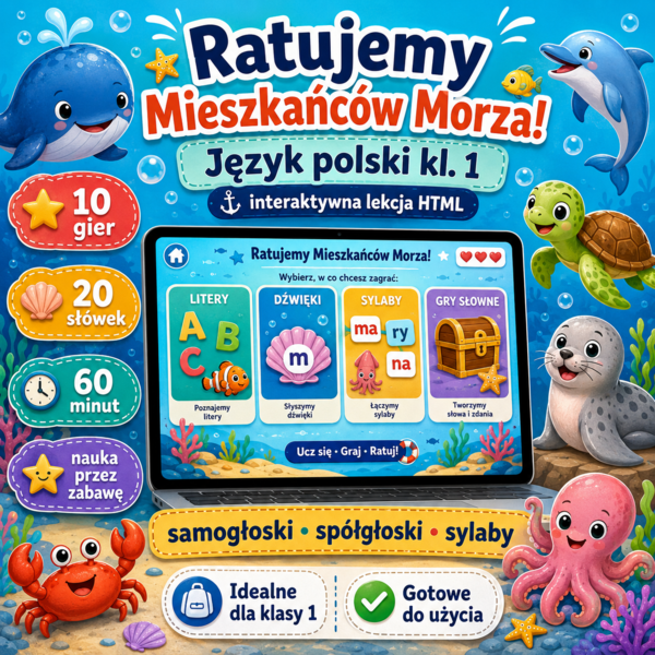 Ratujemy Mieszkańców Morza – samogłoski, spółgłoski, litery i sylaby