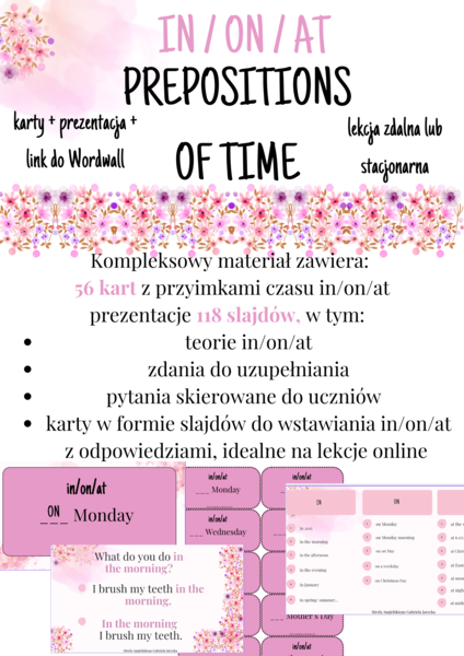 Prepositions of time in, on, at - kompleksowy materiał na lekcje, karty + prezentacja + quiz