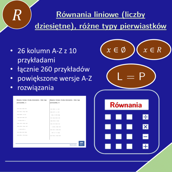 Równania liniowe (liczby dziesiętne), różne typy pierwiastków | matematyka, algebra | 26 kolumn