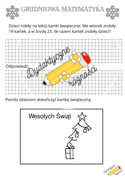 Grudniowa matematyka- zadania świąteczne DODAWANIE W ZAKRESIE 50 (5 kart pracy)