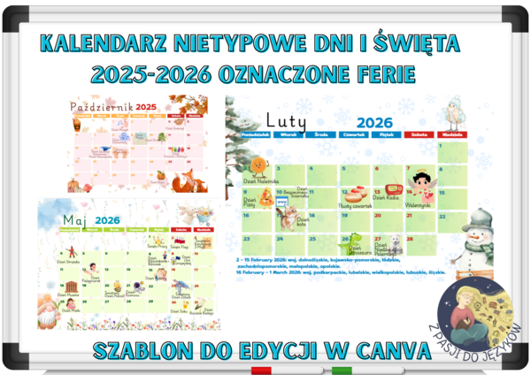 Kalendarz z wyjątkowymi dniami 2025/2026, przedszkole, świetlica, samorząd uczniowski. Wersja polska. Do wydruku, dodatkowo link do szablonu canva.