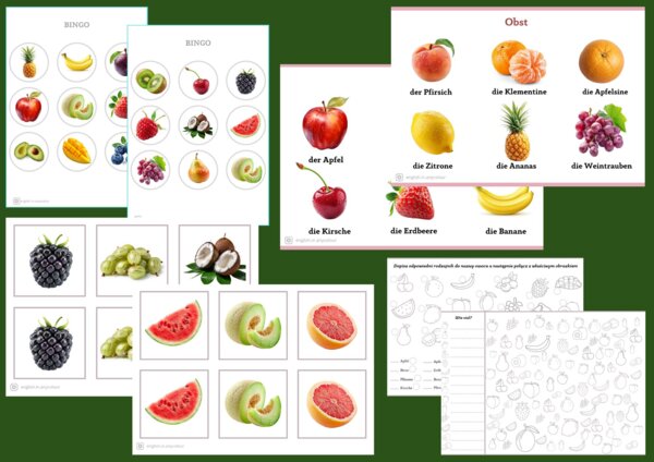 Niemiecki - komplet materiałów z zakresu leksykalnego OWOCE; Memory, BINGO, ćwiczenia