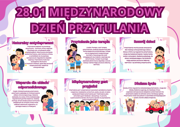 28.01- Międzynarodowy Dzień Przytulania- napis + 10 kolorowych kart A4