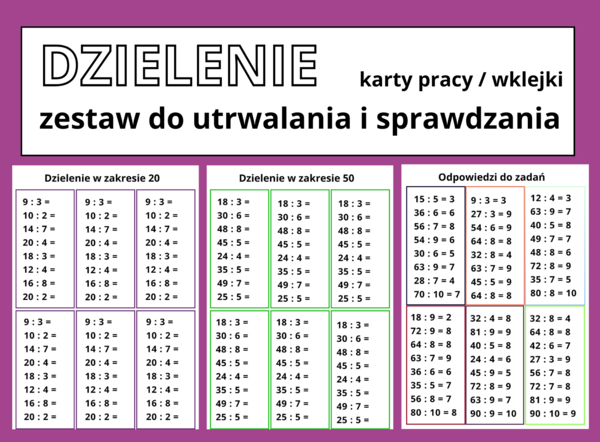 Dzielenie - zestaw do sprawdzania i utrwalania - karty pracy / wklejki