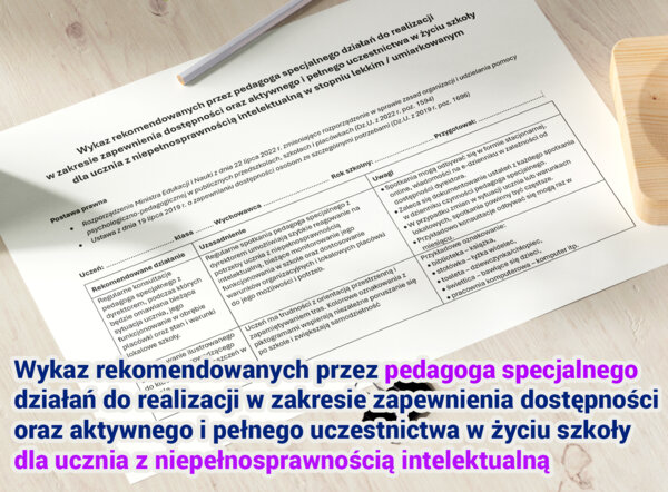Wykaz rekomendacji pedagoga specjalnego - uczeń z niepełnosprawnością intelektualną