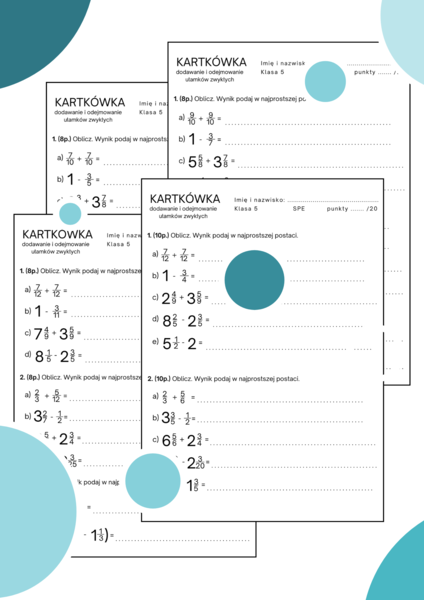 Kartkówka - dodawanie i odejmowanie ułamków. Klasa 5