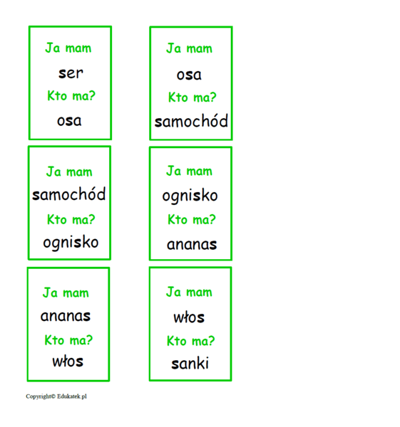 Gra logopedyczna - zestaw kart typu kto ma, ja mam – głoski syczące