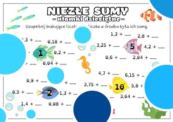 Niezłe sumy. Dodawanie i odejmowanie ułamków dziesiętnych. Ułamki dziesiętne. Klasa 4. Klasa 5. Klasa 6.