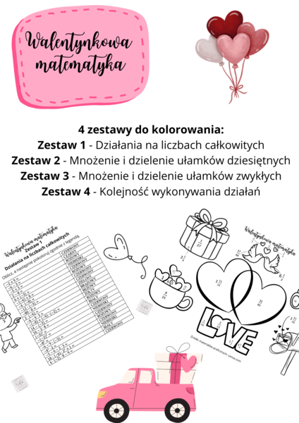 Walentynkowa matematyka - 4 zestawy do kolorowania