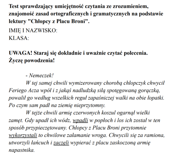 Chłopcy z Placu Broni - sprawdzian.