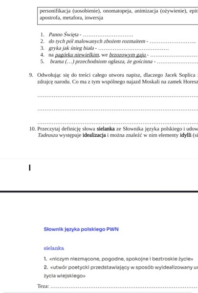 Sprawdzian z lektury ,,Pan Tadeusz"