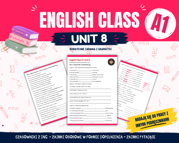 Gramatyka klasa 4: czasowniki z ing, zaimki osobowe w formie dopełnienia, zaimki pytające . Na podstawie podręcznika English Class A1 Unit 8
