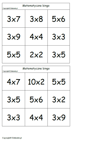 Matematyczne bingo- utrwalanie mnożenia