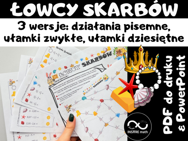 Matematyczni Łowcy Skarbów (działania pisemne lub ułamki zwykłe lub ułamki dziesiętne). Czerwiec, lato, wakacje.