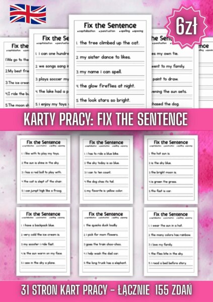 Zestaw Kart pracy „Fix the Sentence”🥰 Popraw Zdanie ❤️ 155 zdań ❤️