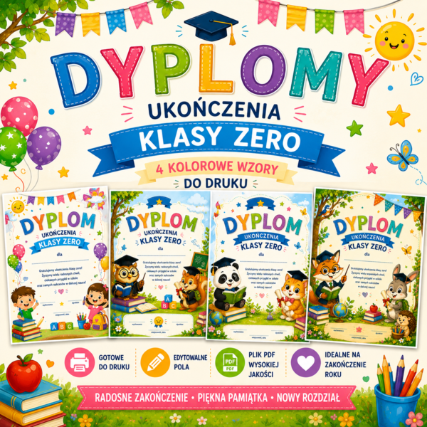 🎓 Dyplomy ukończenia klasy zero – 4 kolorowe wzory do druku (PDF)