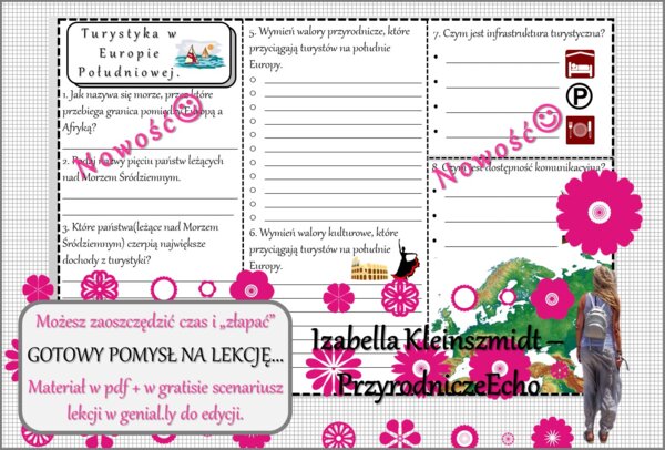 Pomysł na lekcję/karta pracy/stacje zadaniowe/notatki/ materiał do lekcji do tematu „Turystyka w Europie Południowej” w pdf. W gratisie niekomercyjny scenariusz lekcji/pomysł na lekcję w programie genial.ly do edycji. Geografia 6. Dział „Gospodarka Europ