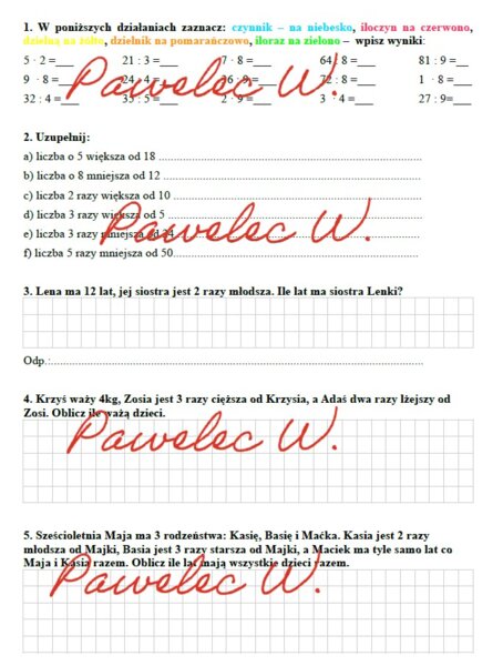 Dzielenie i mnożenie - karta pracy, sprawdzian, kl. 3