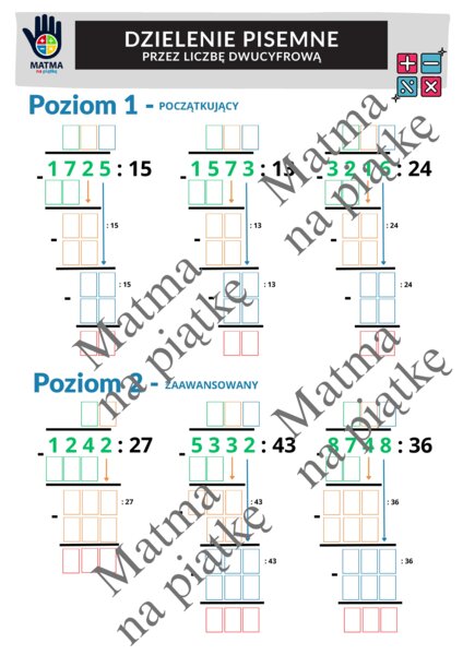 Dzielenie pisemne przez liczbę dwucyfrową/Karta pracy/Klasa 4 SP./ Klasa 5 SP./ Klasa 6 SP.