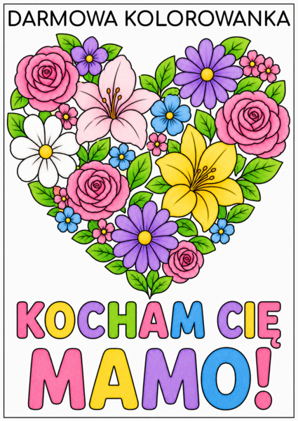 DZIEŃ MATKI - darmowa kolorowanka A4 - KOCHAM CIĘ MAMO! - dekoracja - karta pracy