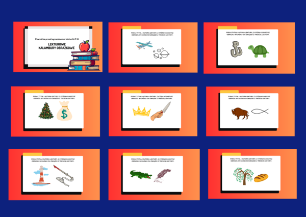 LEKTUROWE KALAMBURY OBRAZKOWE – prezentacja - 48 slajdów – egzamin – lektury kl.7-8 - powtórzenie