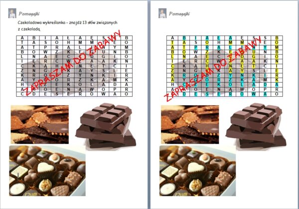 ?Wykreślanka - słodkie słownictwo dotyczące czekolady, trening ortografii