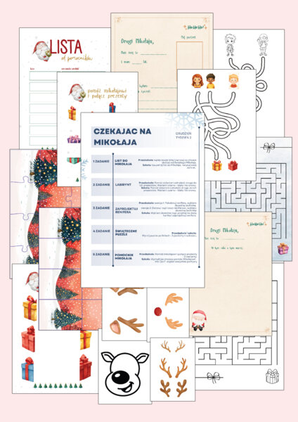 "Czekając na Mikołaja" - list do Mikołaja, labirynty, projekt renifera, puzzle, karty pracy - zadania na 5 dni!