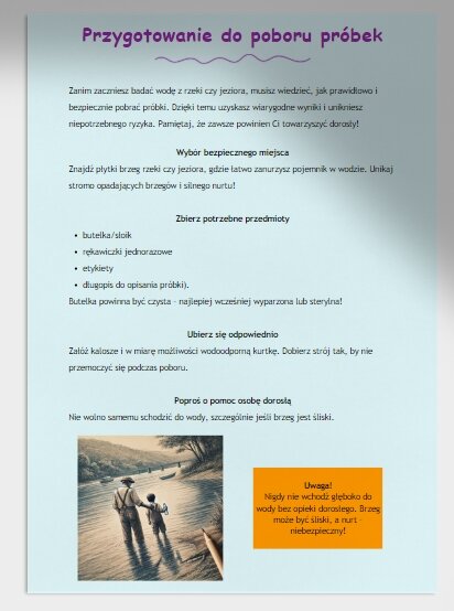 Badanie wody z okolicznej rzeki lub jeziora (pH, zawartość związków chemicznych).