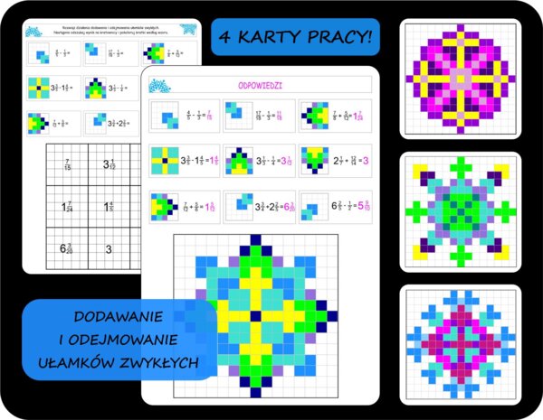 Ułamki zwykłe, dodawanie i odejmowanie ułamków, kolorowanki/kodowanki/bloksy, święta, Boże Narodzenie, śnieżynki, mandale