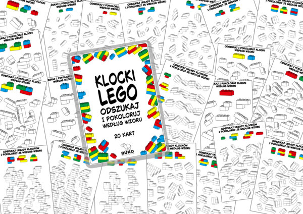 KLOCKI LEGO - odszukaj i pokoloruj według wzoru. 20 kart