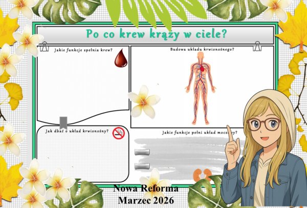 Karta pracy z przyrody do klasy 4 "Po co krew krąży w ciele?". Przygotowana na podstawie podręcznika „Odkrywam przyrodę” wydawnictwa Nowa Era. Dział "Jak działa moje ciało?".