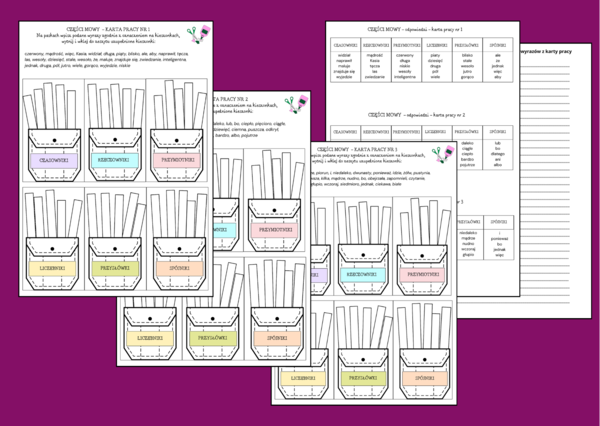 CZĘŚCI MOWY - czasownik - rzeczownik - przymiotnik - przysłówek - liczebnik - spójnik – wklejka – karta pracy – opowiadanie - 3 wersje + odpowiedzi