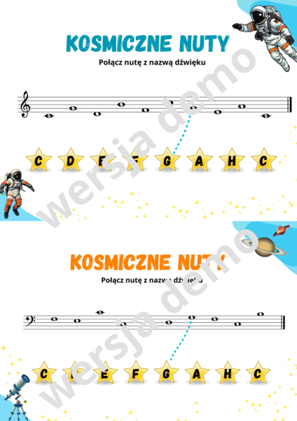 Muzyka. Nauka nut. Proste ćwiczenia w kluczu wiolinowym i basowym