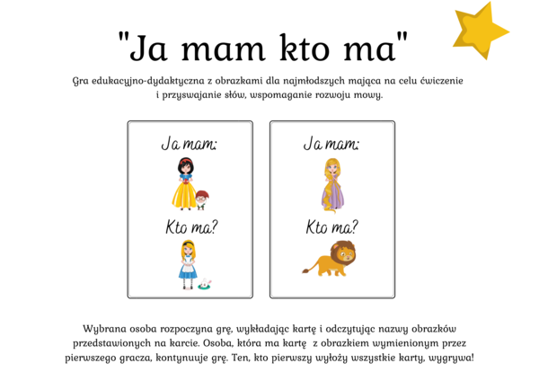 Gra dydaktyczna "Ja mam kto ma" ?‍♀️Postacie z bajek -26 kart - 5 zł