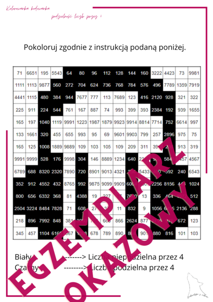 Kolorowanka - kodowanka - podzielność liczb przez 4