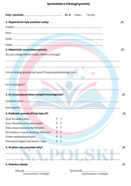 Sprawdzian z mitologii greckiej